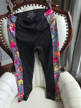 Betsey Johnson Black Leggings with Neon Floral Side Panels